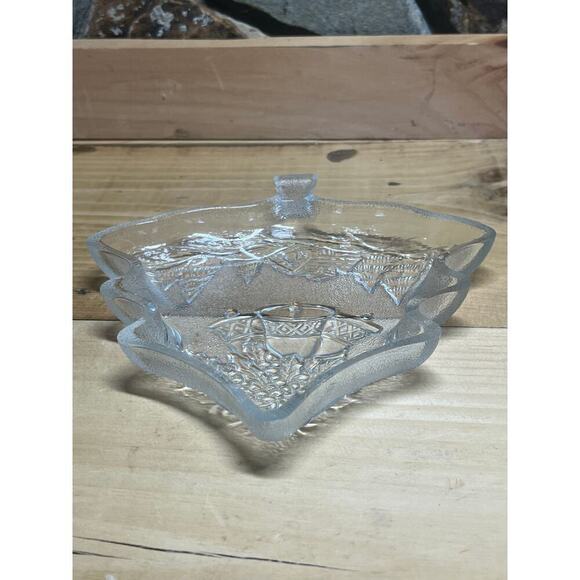 Christmas Decor Clear Glass Dish. Tree shape Candy. Nuts Trinkets. Bells. Cabin - Picture 2 of 7